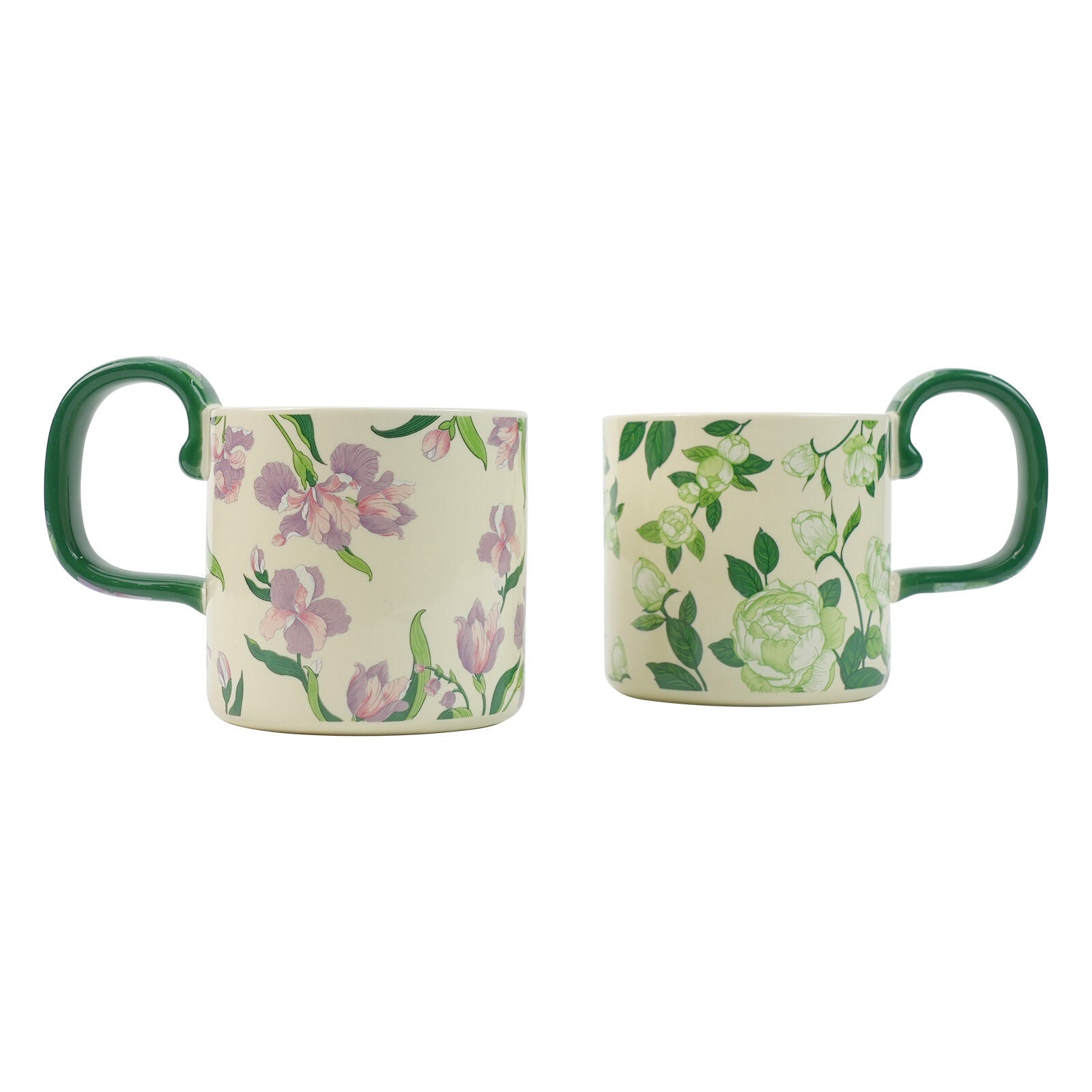 Ceramic porcelain mug with green handle and vintage purple floral design