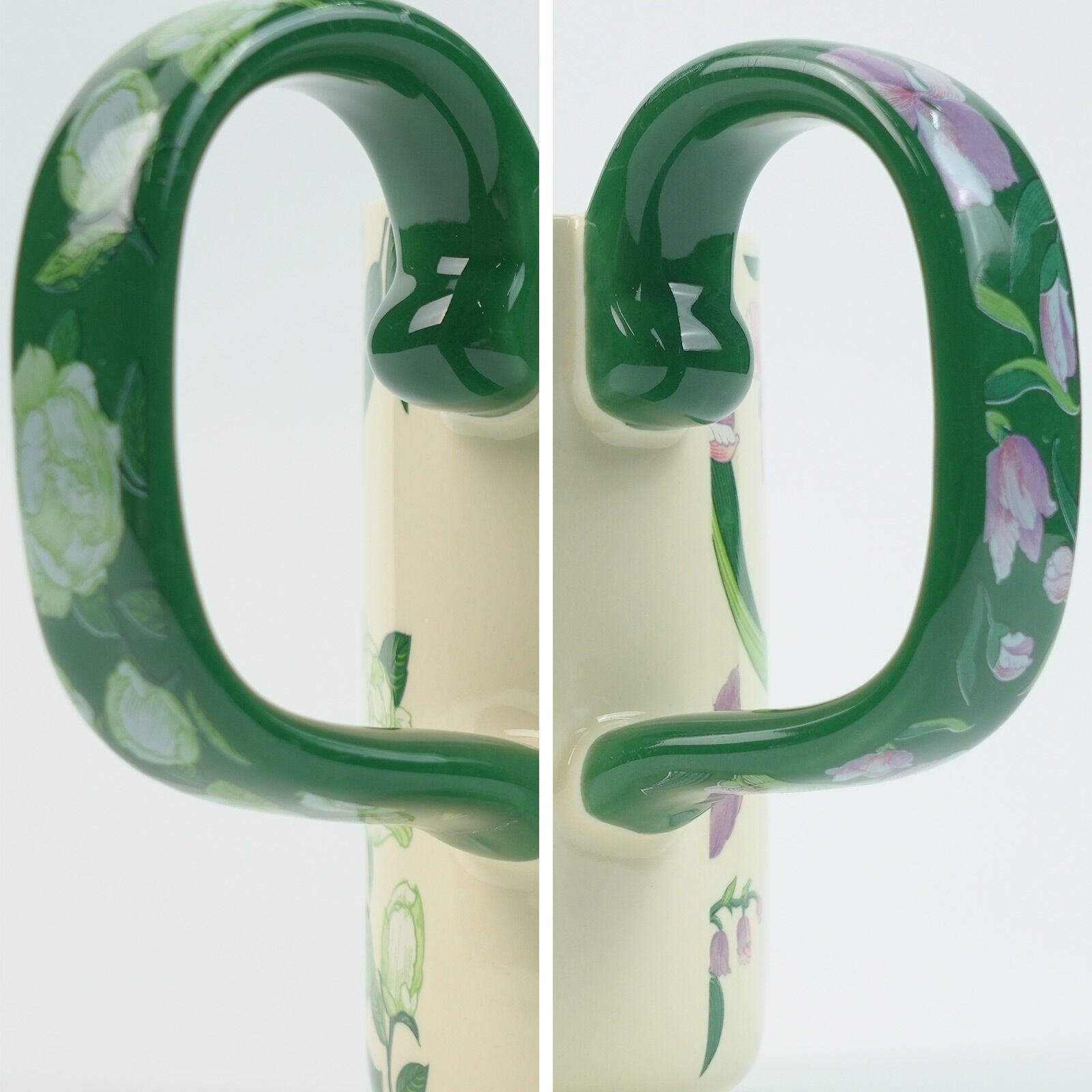 Ceramic porcelain mug side with glossy green handle and floral decoration