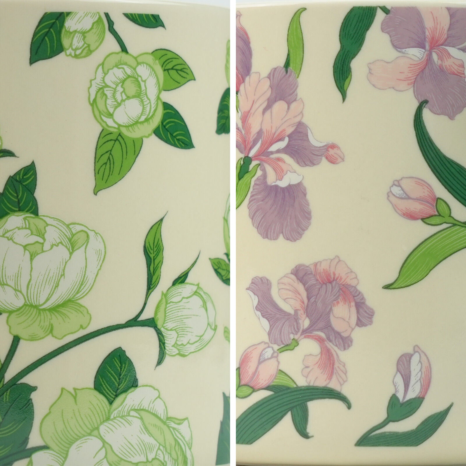Vintage floral mug pattern close-up with green leaves and purple flowers