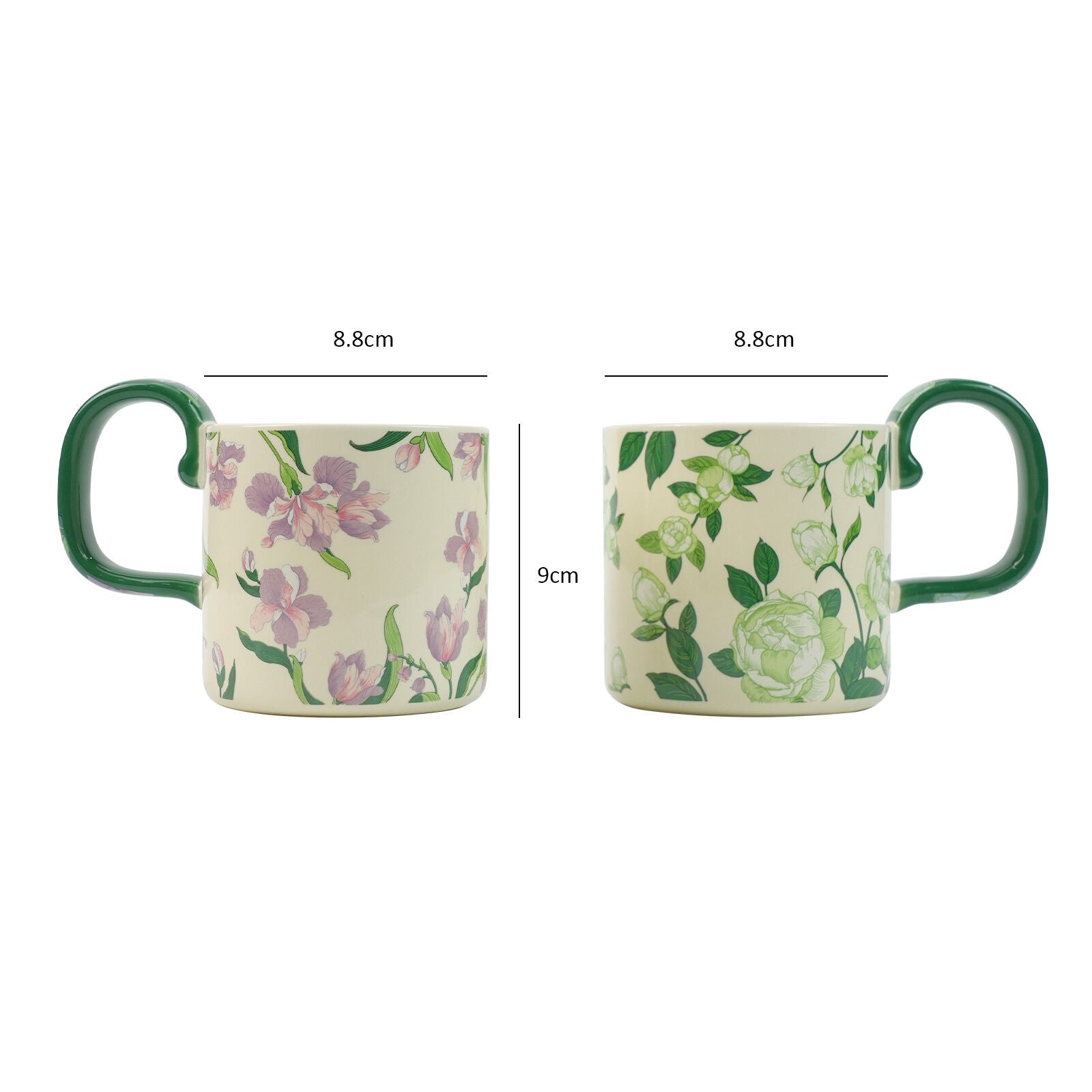 Ceramic porcelain mug set with green handles, floral designs, 8.8cm by 9cm