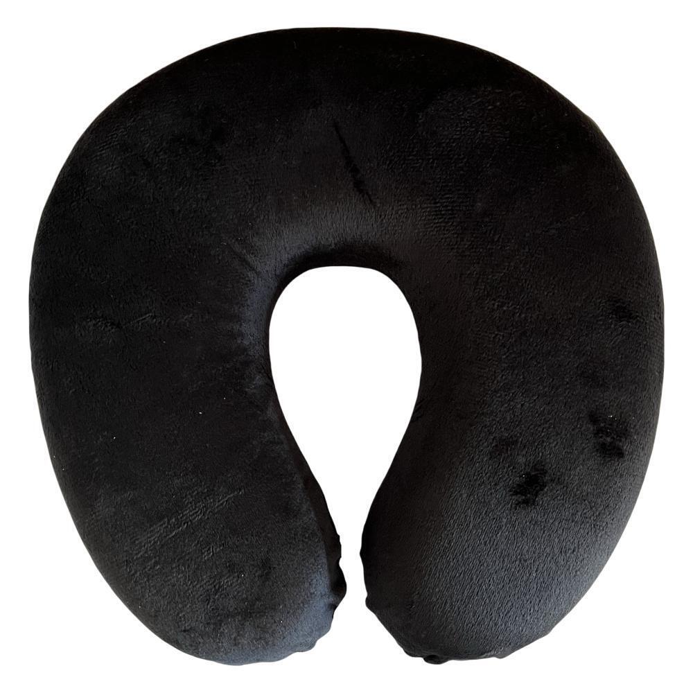 Black U-shaped travel neck pillow with plush foam and center cutout