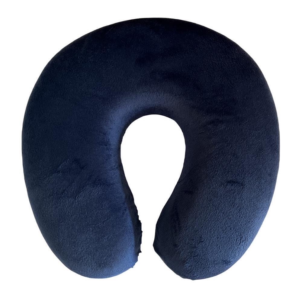 Navy blue U-shaped travel neck support pillow with plush foam and center cutout