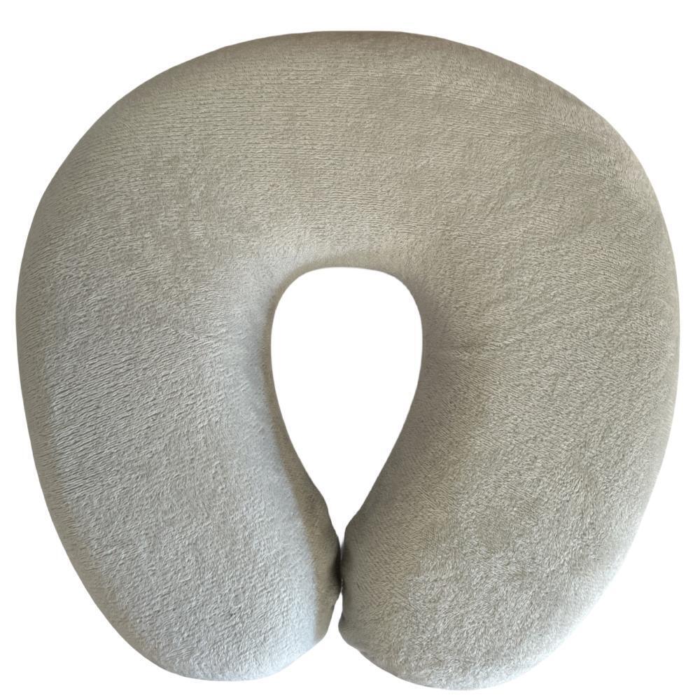 Light gray U-shaped travel neck support pillow with plush foam and center cutout