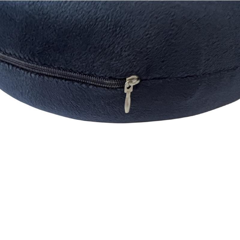 Navy U-shaped neck pillow with black zipper along the edge
