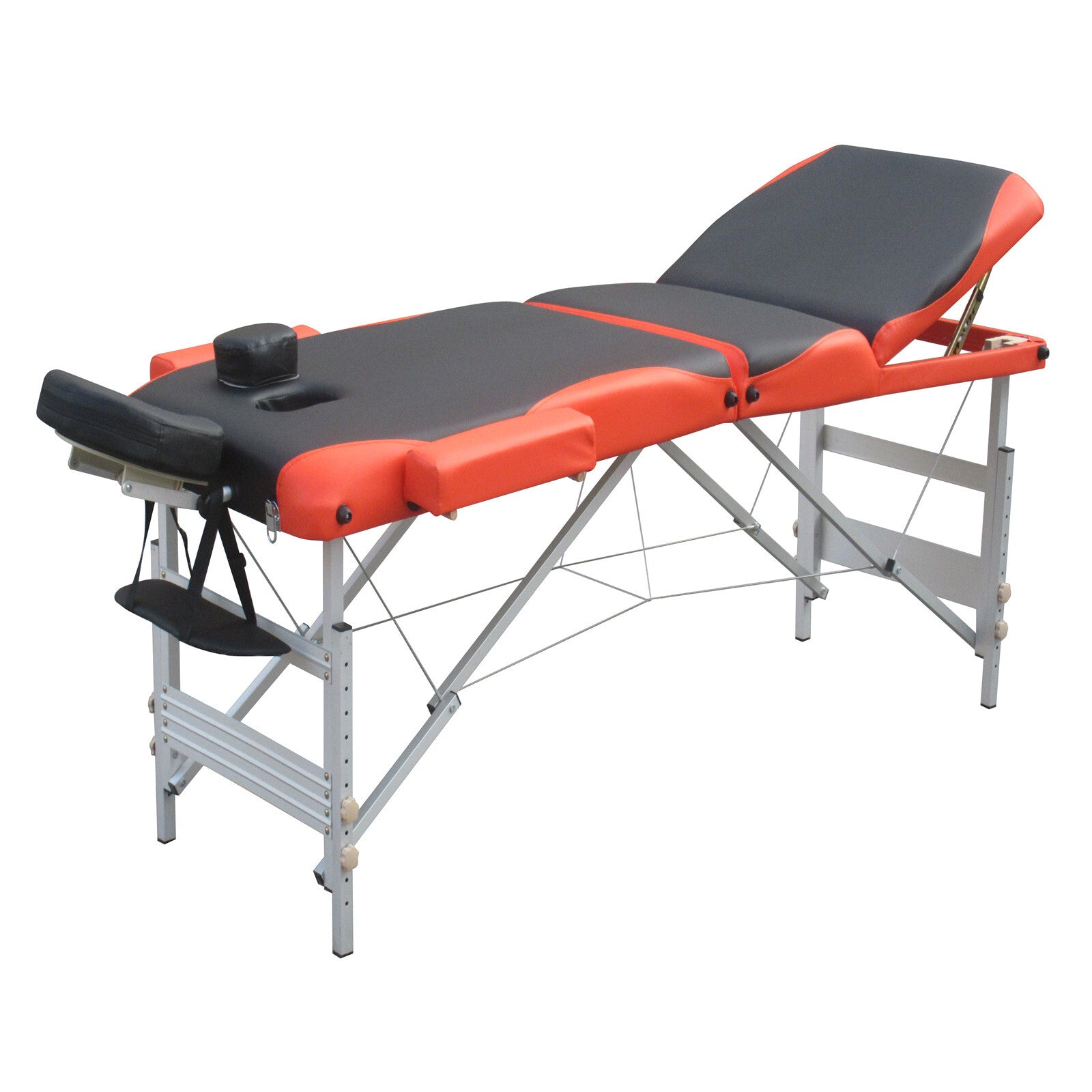 Portable massage table with orange and black padded sections, headrest and arm support