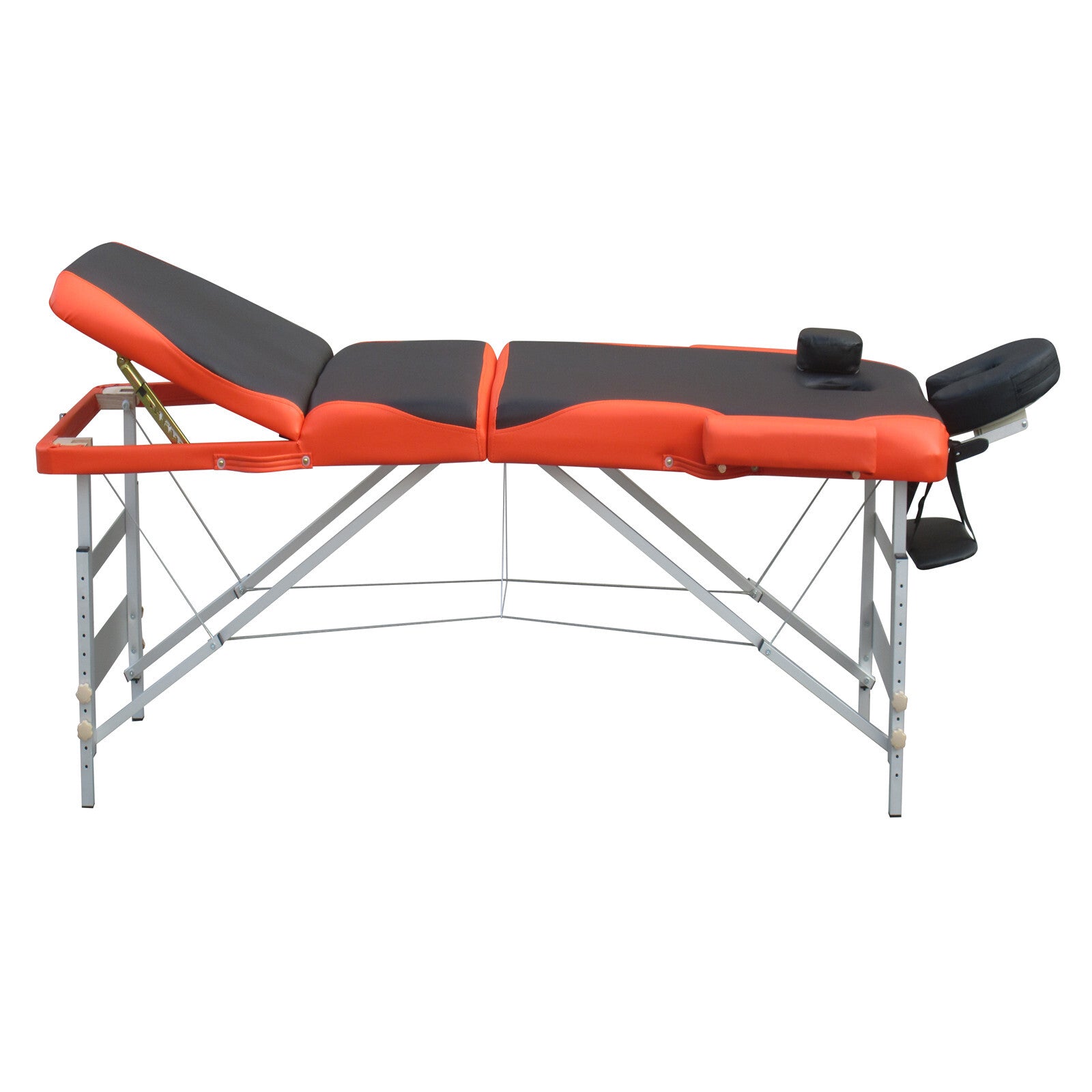 Portable massage table with orange base padding and black head and back cushions