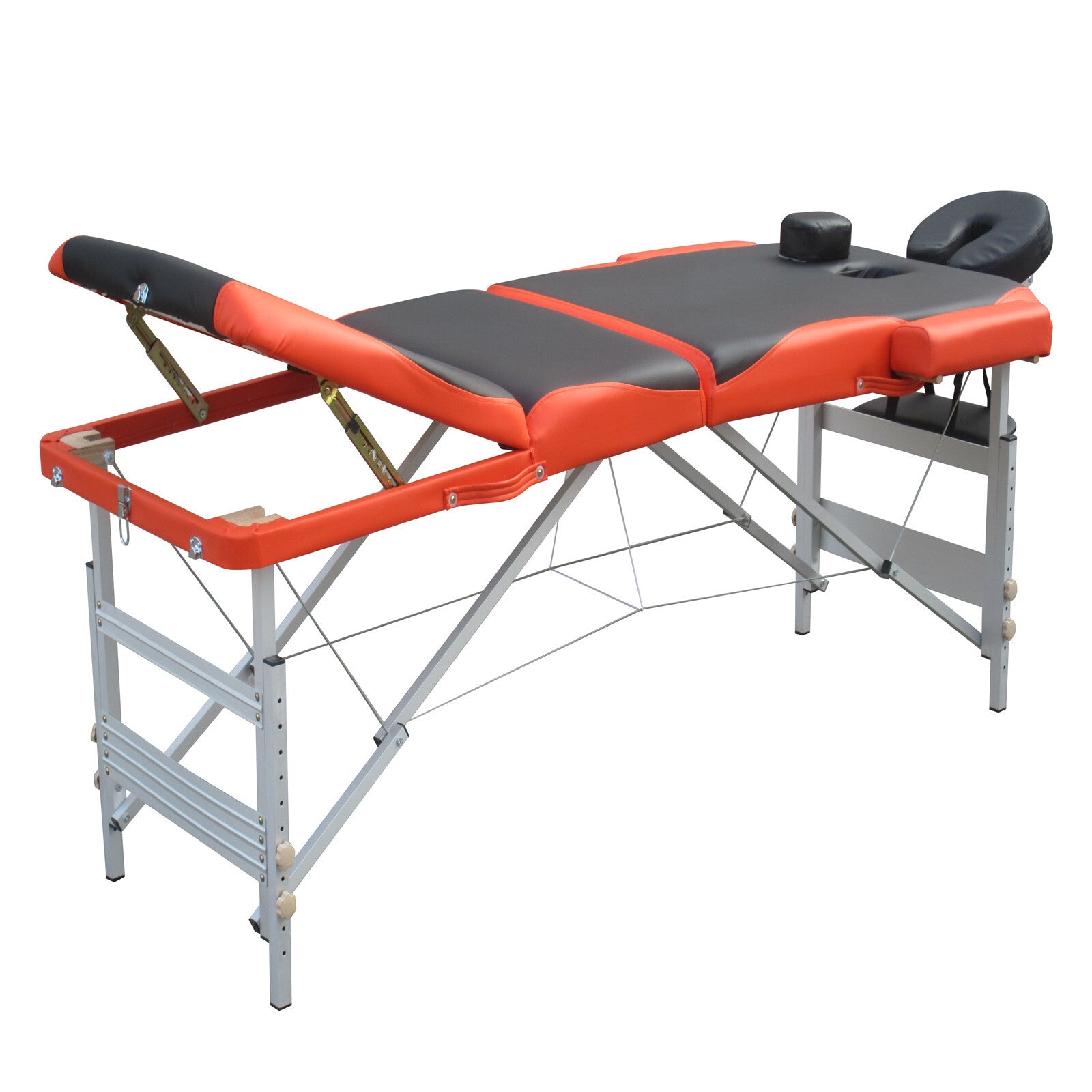 Portable massage table with orange frame, black headrest, and folding support legs
