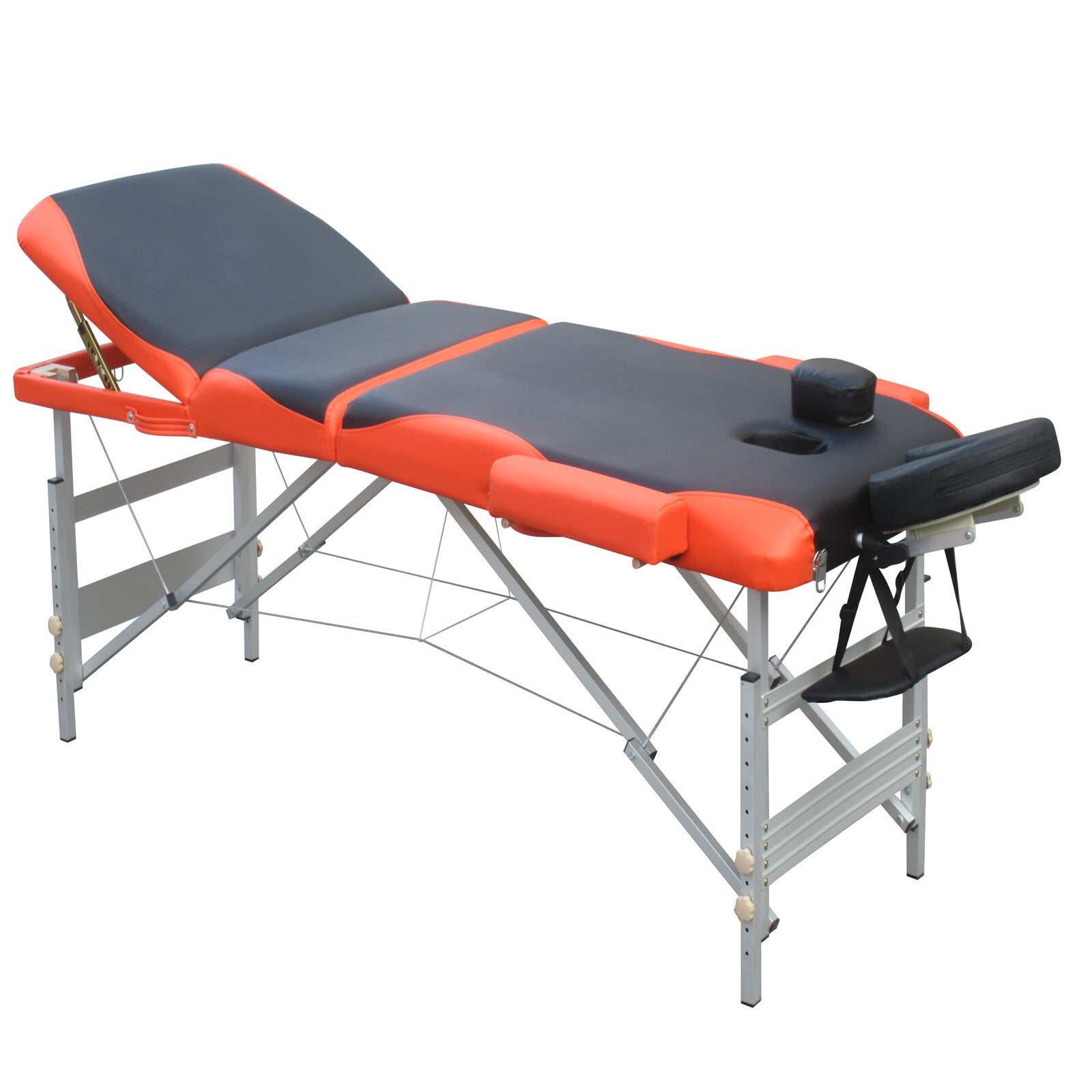 Portable massage table with orange cushion base, black headrest, and side armrests
