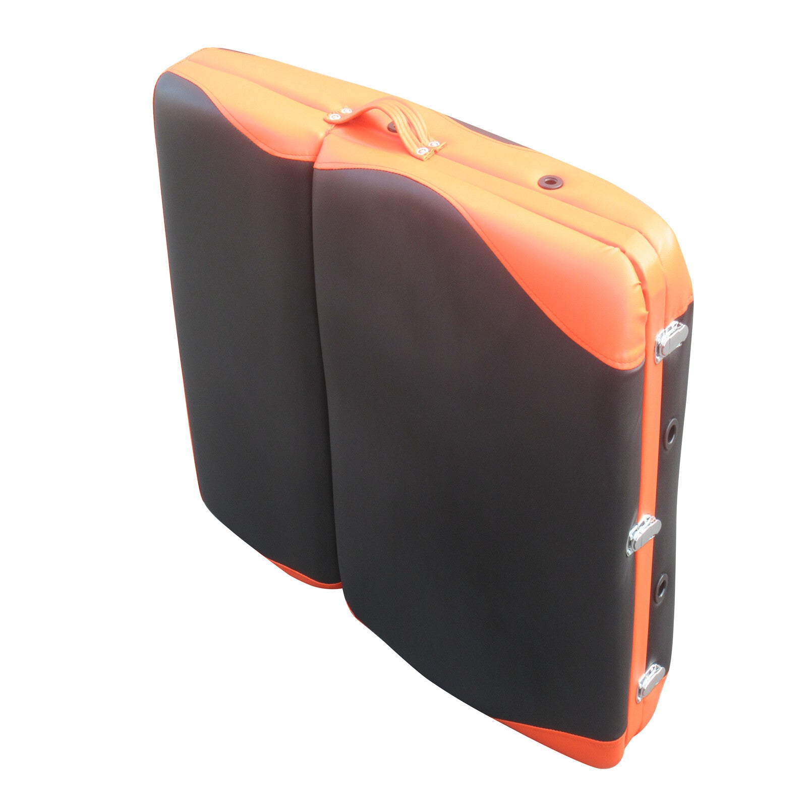 Folded massage table carry case with black exterior and orange trim