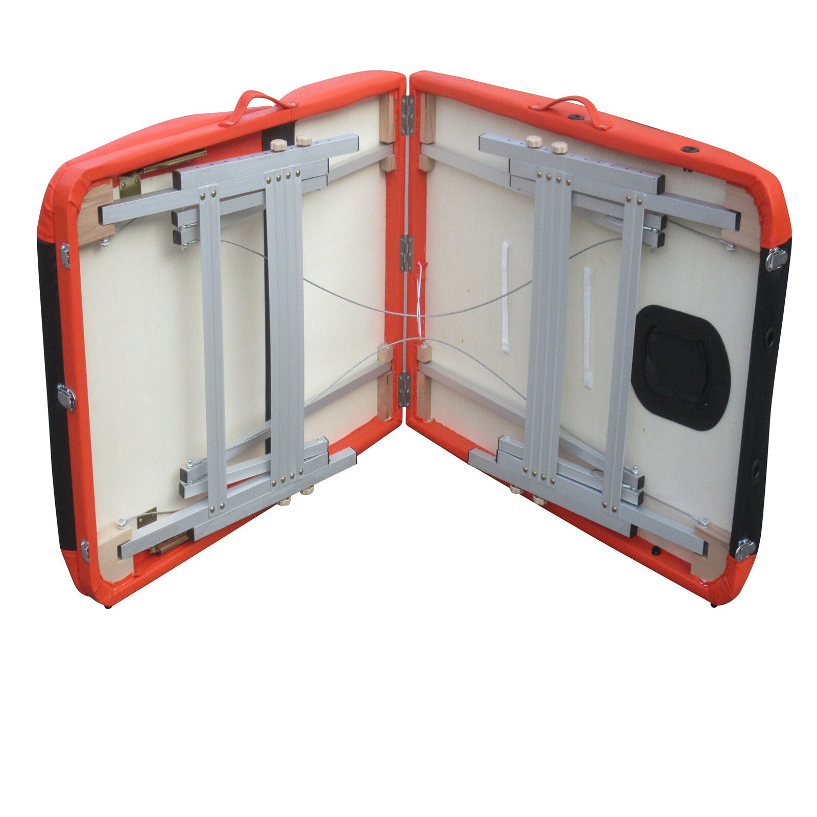 Open foldable massage table frame with red edging and inner support panels