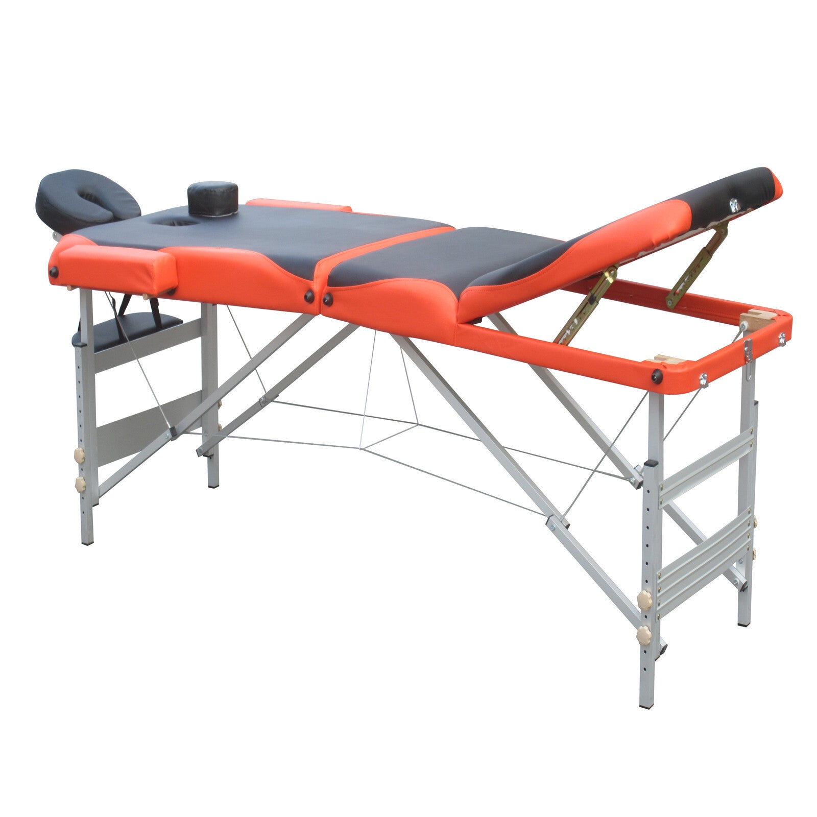 Portable massage table with orange padding, black head cushion, and side handle