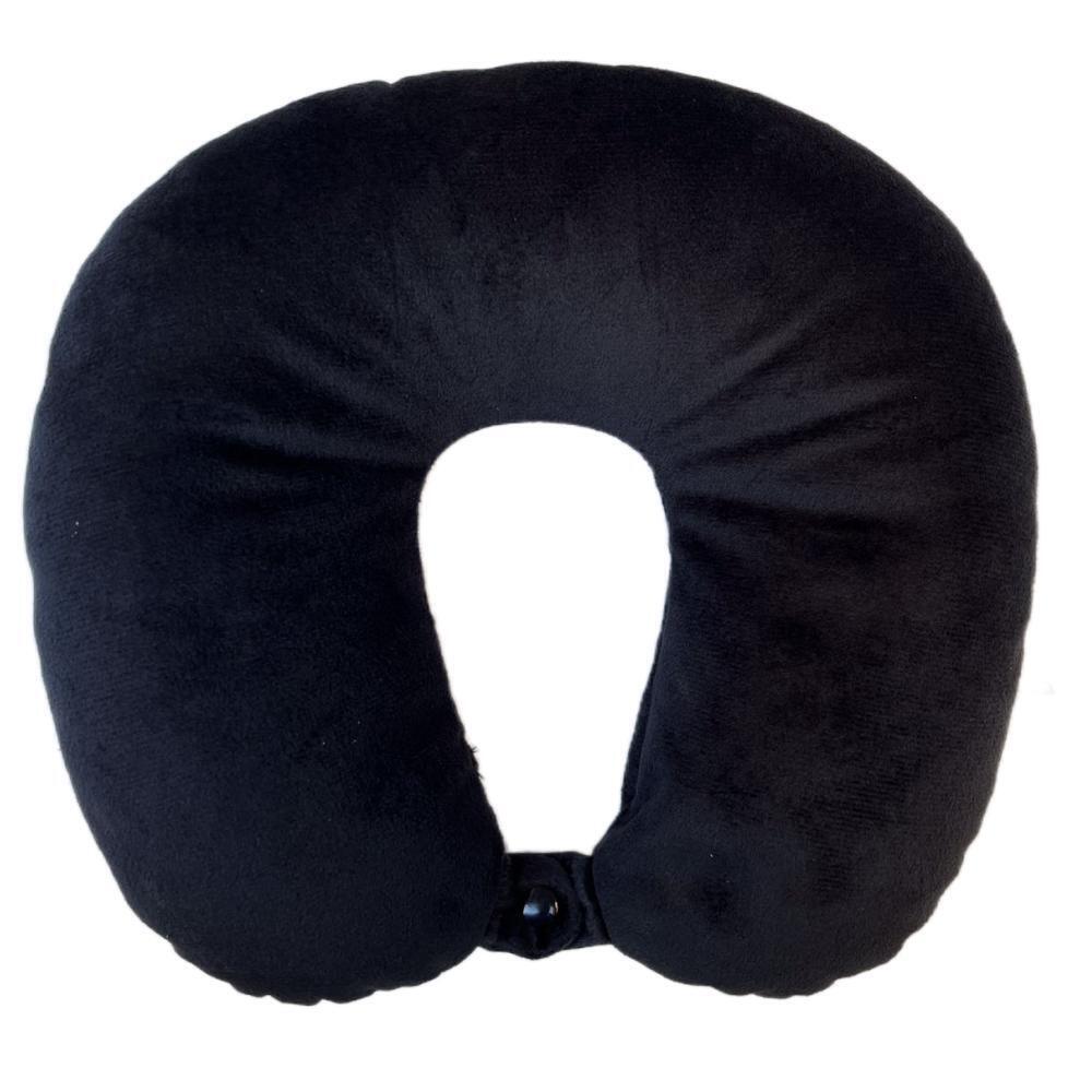 U-shaped travel neck pillow cushion in dark fabric with fastener at front
