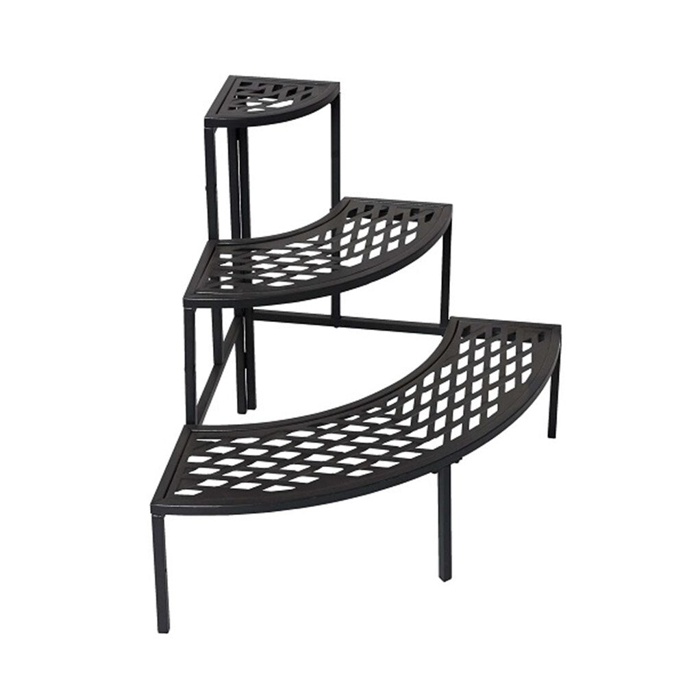 3-tier metal corner plant stand with quarter-round curved shelves, black finish