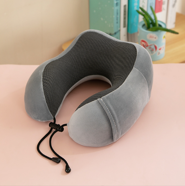 U-shaped travel neck support pillow in gray with drawstring cords