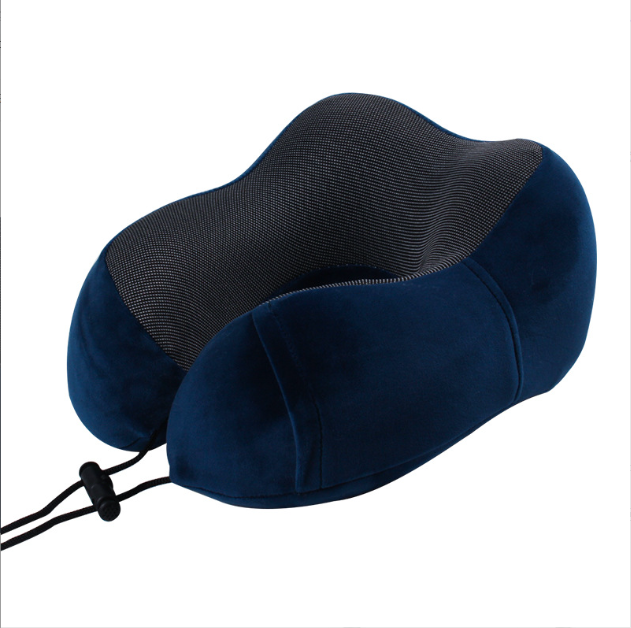 U-shaped travel neck support pillow in dark blue with mesh top and drawstring cords