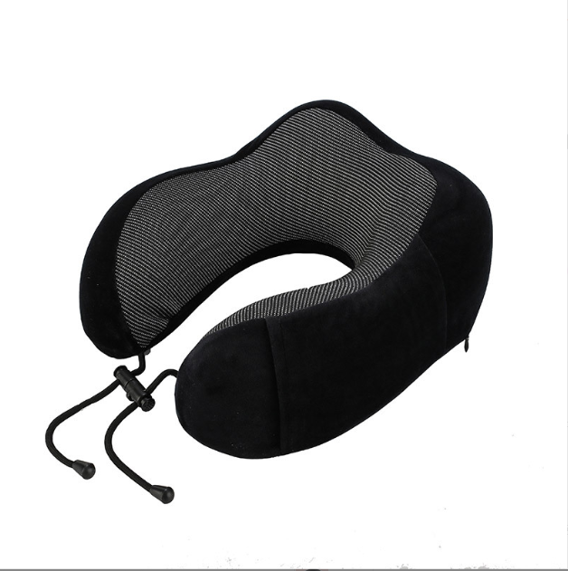 U-shaped travel neck support pillow in black with mesh top and drawstring cords