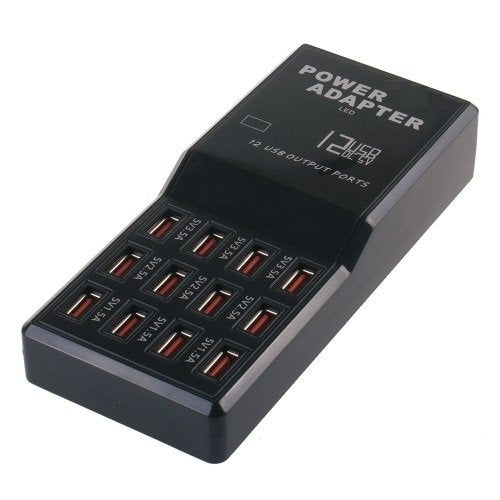 Black 12-port USB power adapter with multiple red-lit USB ports on top
