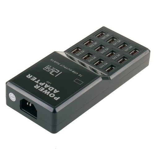 Black USB charge adapter with front label and 12 ports facing upward