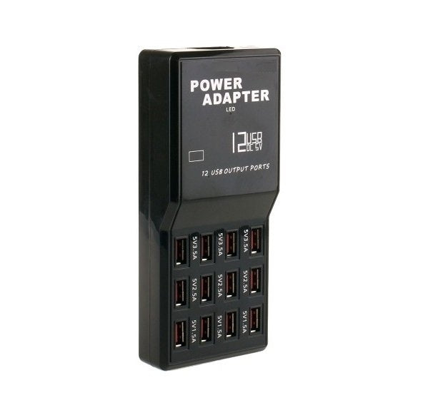 Black vertical USB power adapter with LED display and 12 USB output ports