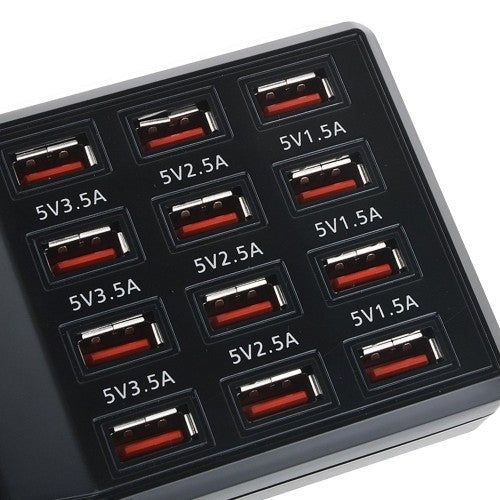 Close-up of black USB charging ports with red indicators and amperage labels
