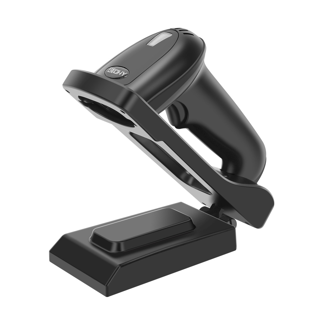 Wireless barcode and QR code scanner on stand, black, angled top view