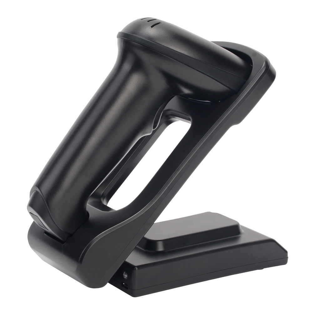 Wireless barcode and QR code scanner, black, close side view with stand