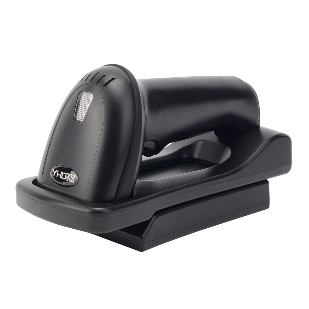 Wireless barcode and QR code scanner base, black, front slanted head view