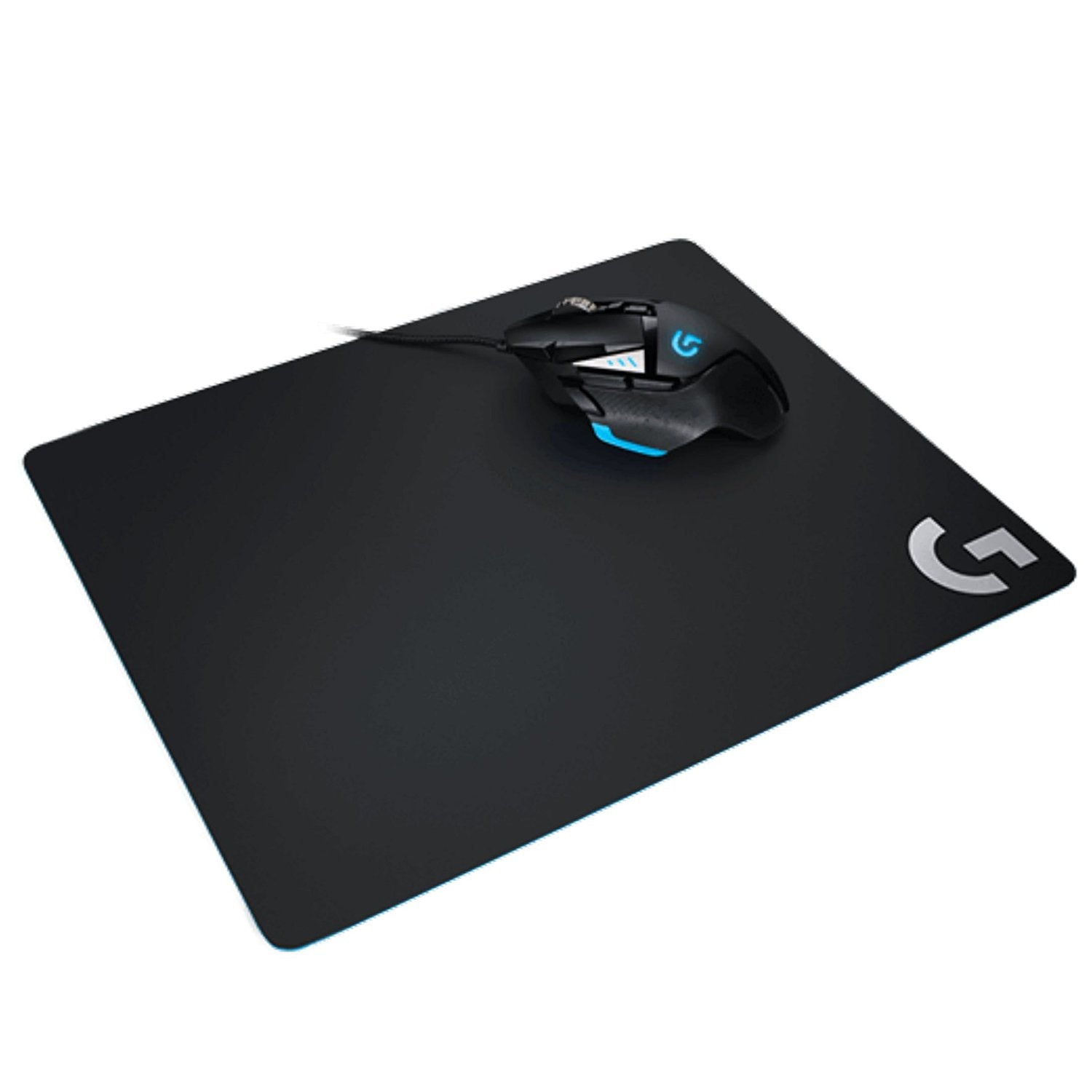 Black gaming mouse pad with black mouse and white G logo