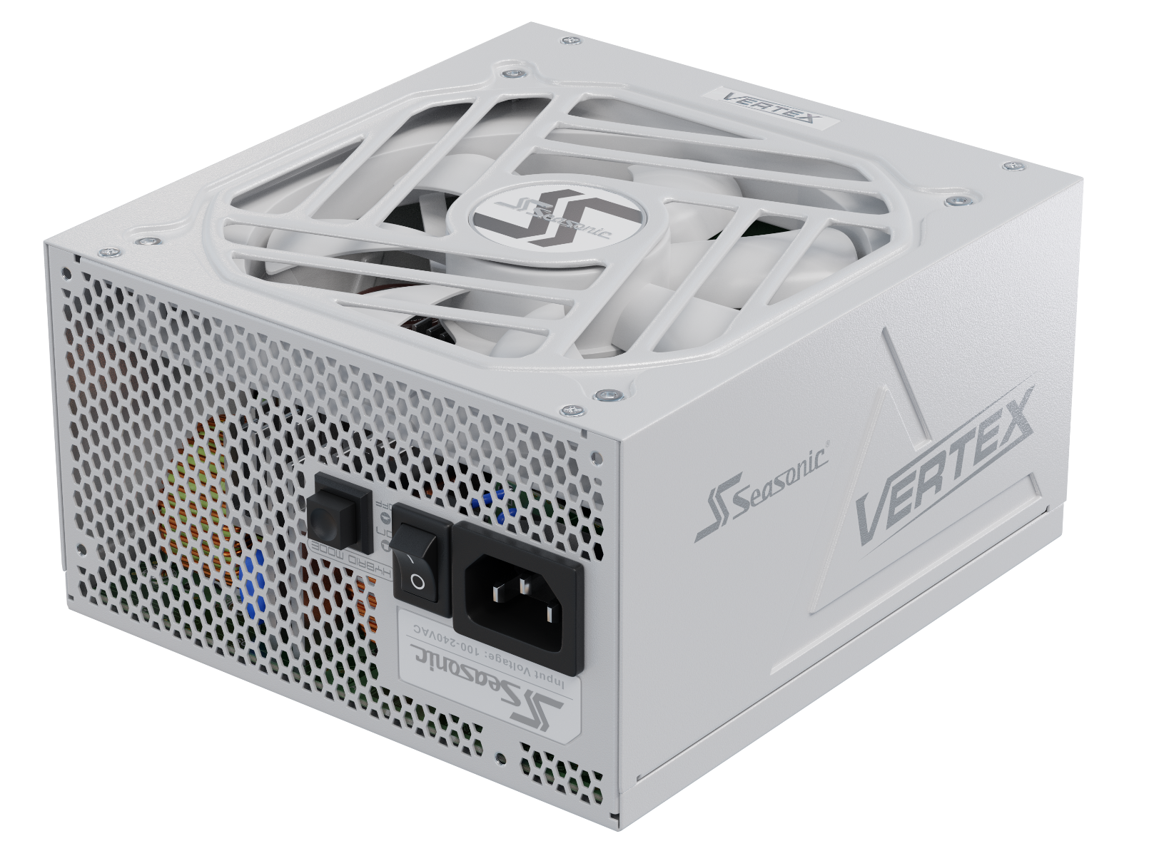 White modular ATX power supply with vented grille and rear AC inlet ports