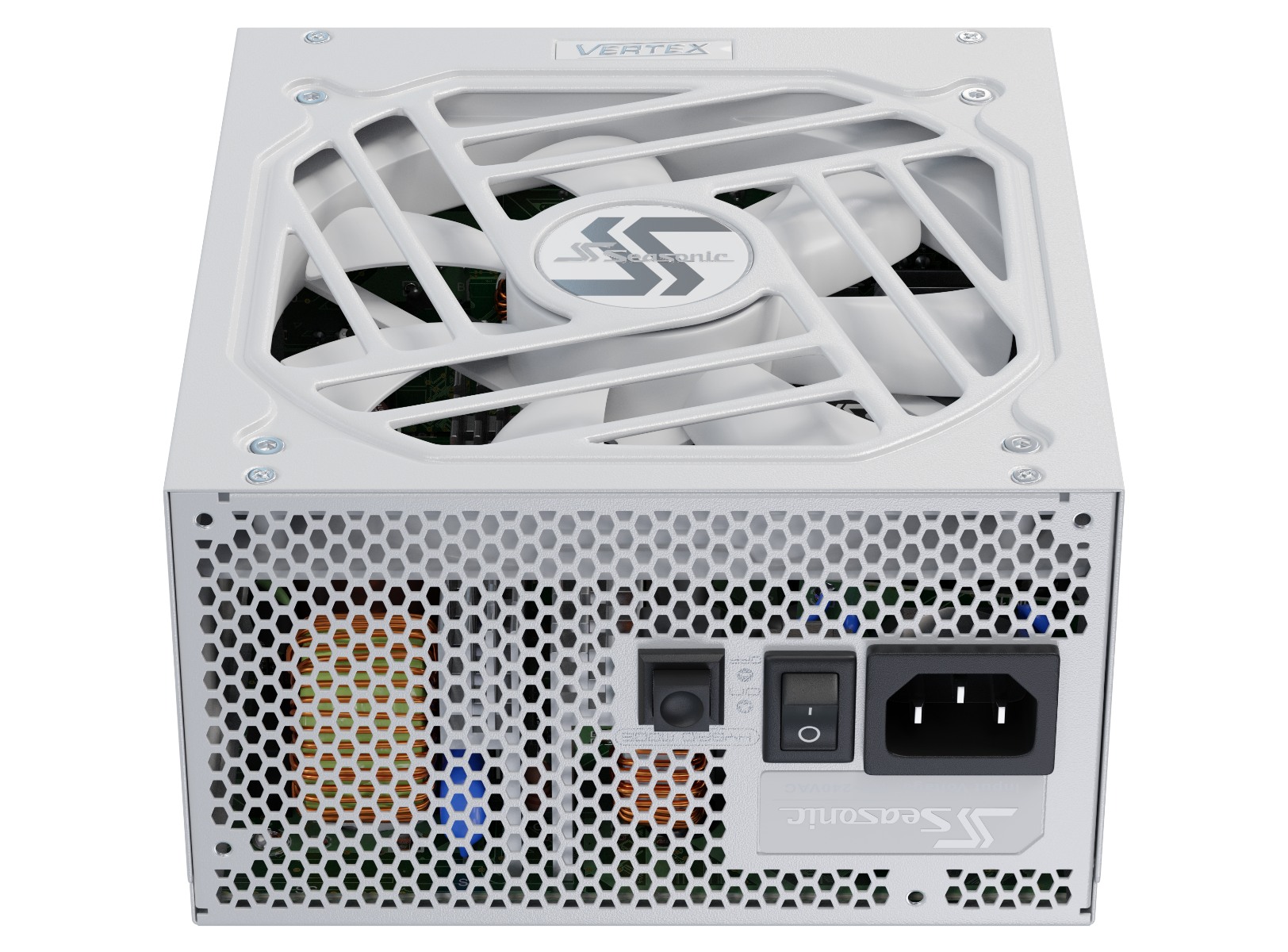 White modular ATX power supply showing fan grille, venting, and rear power switch