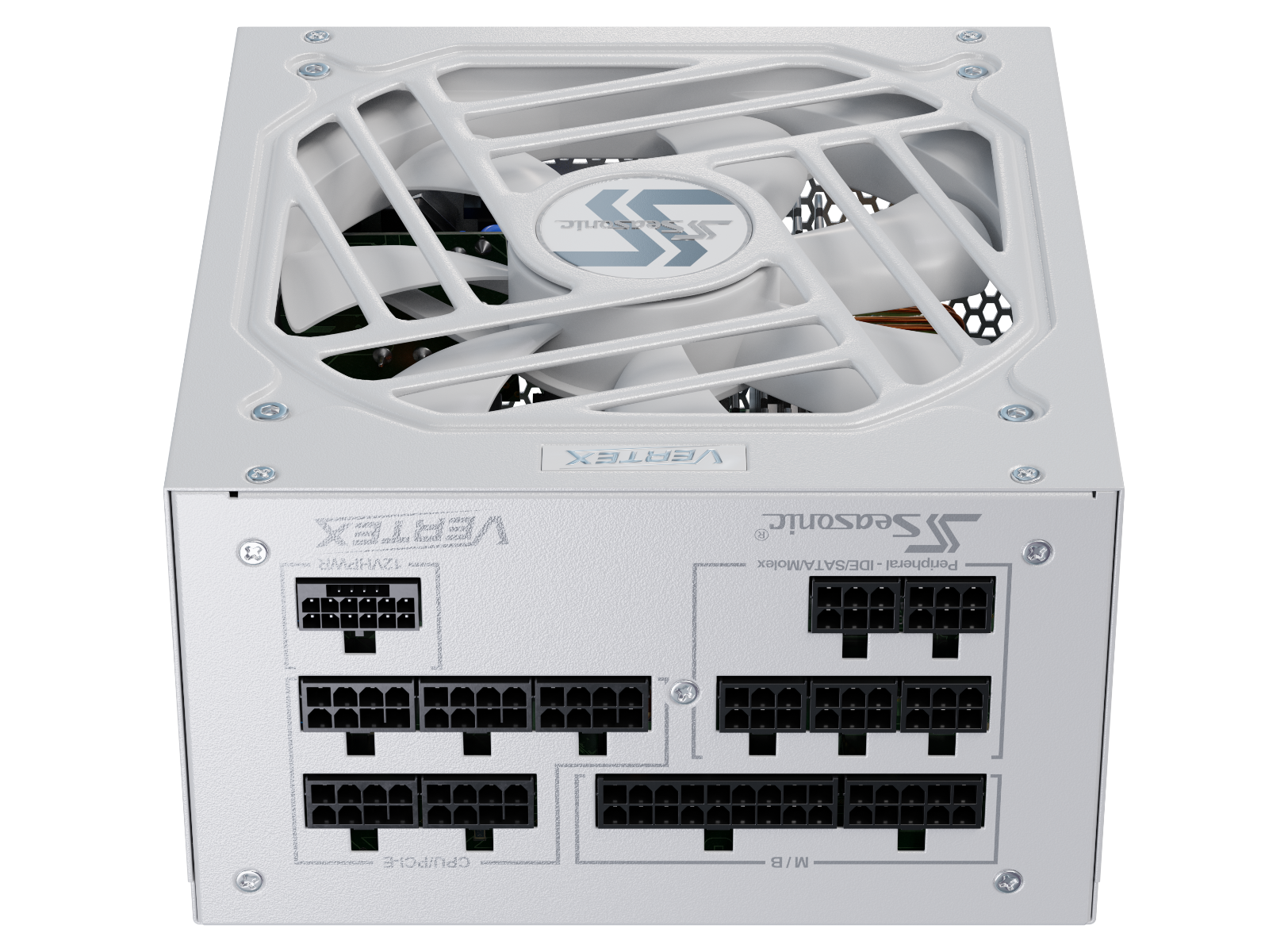 White modular ATX power supply with visible back modular cable ports