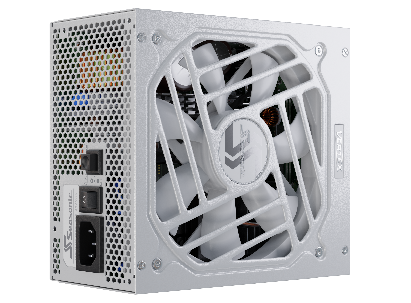 White modular ATX power supply with side vent grille and AC input panel
