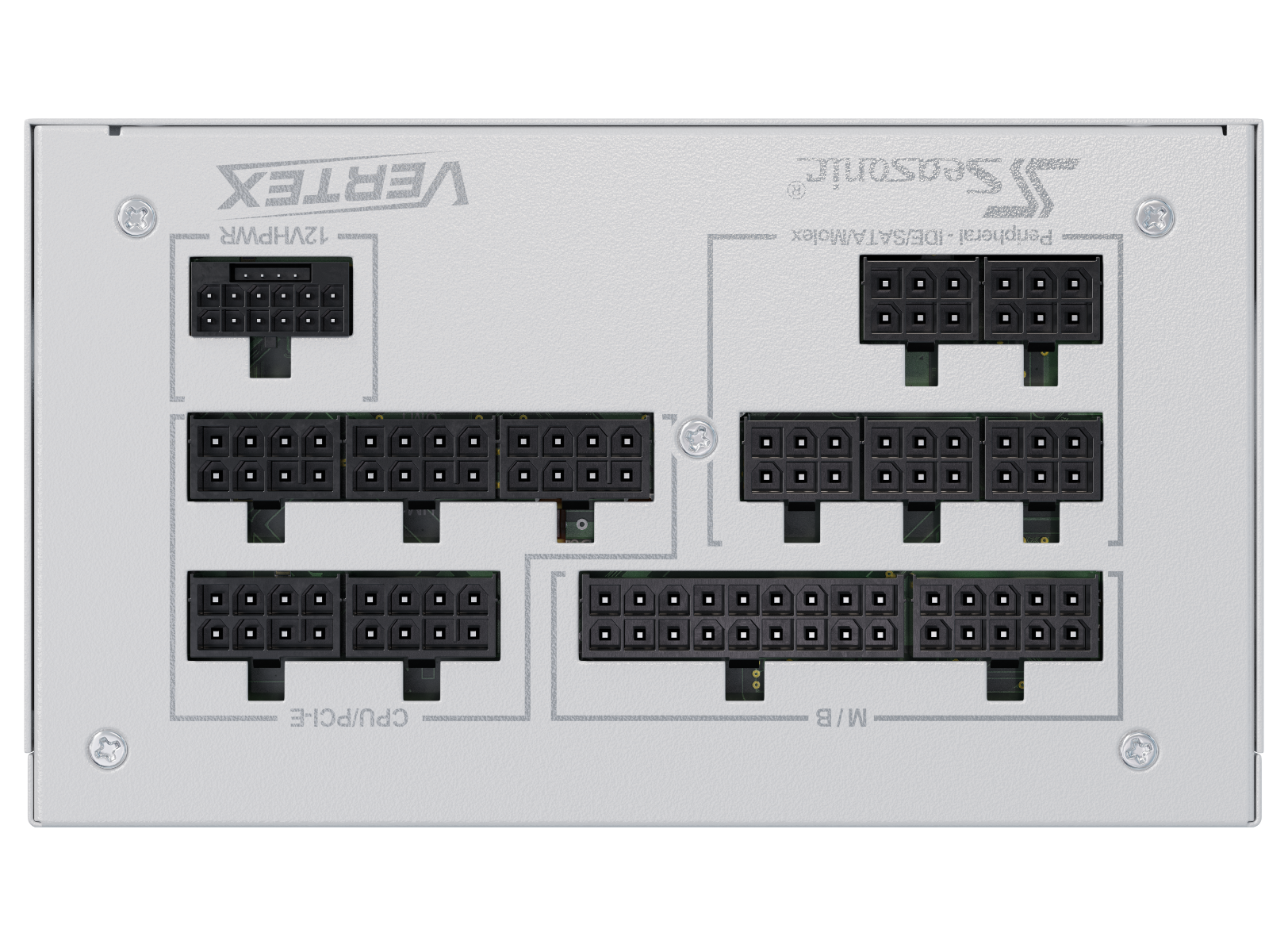 White modular ATX power supply rear view with dense modular connector layout