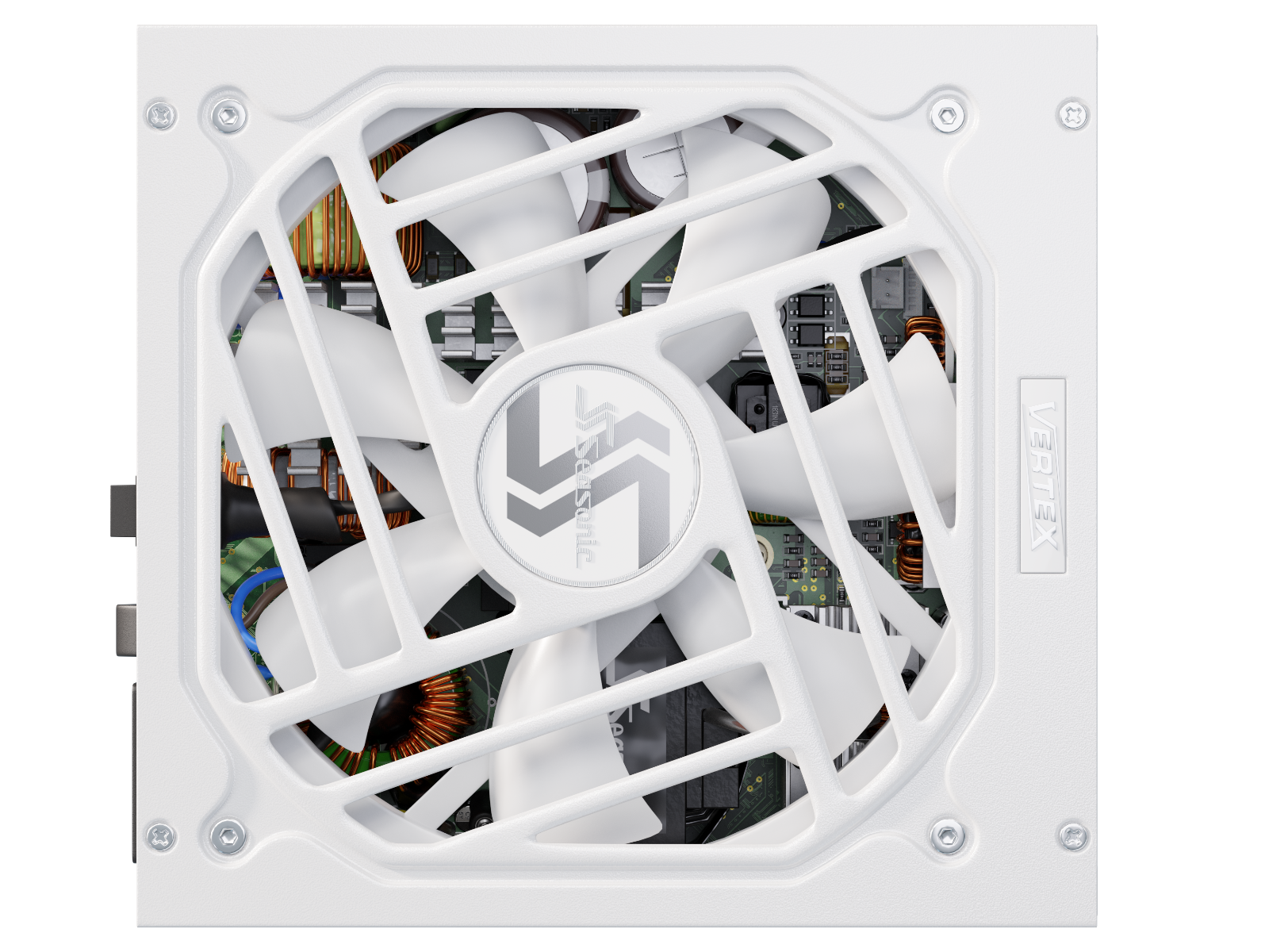 White modular ATX power supply interior fan and cable components behind grille