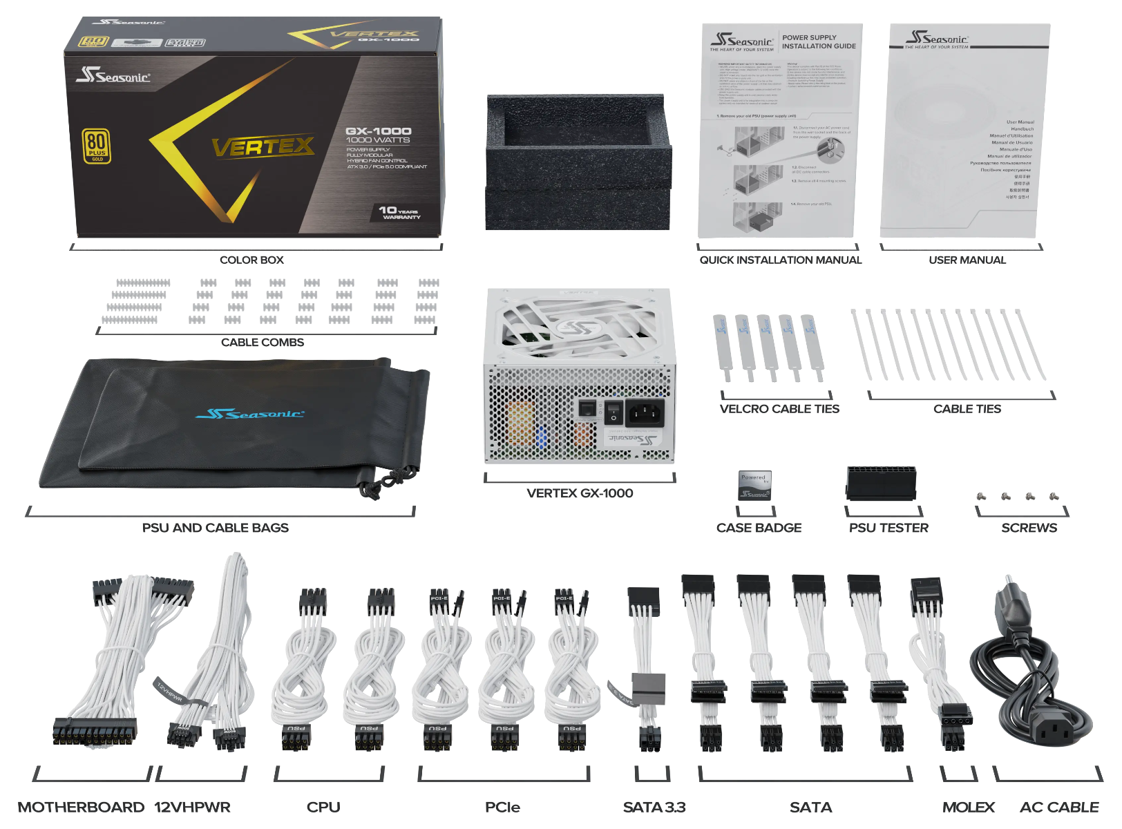 Seasonic VERTEX GX-1000 modular PSU kit with cables, connectors, and documentation
