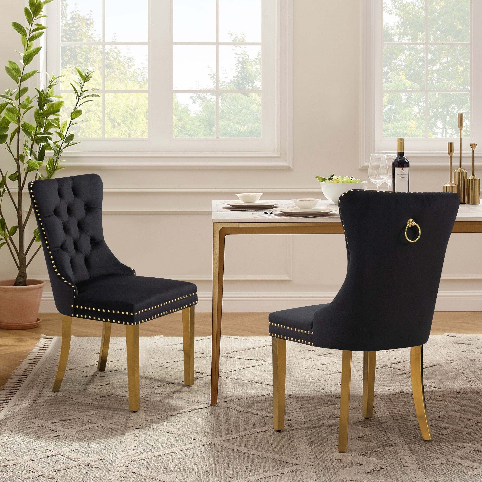 2 -Alsea Velvet & Polished Steel Dining Chairs Upholstered Tufted Stud Trim
