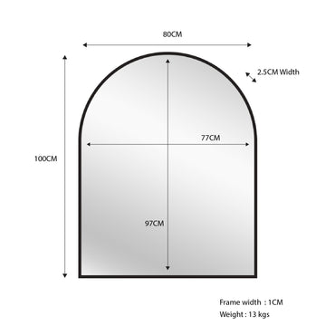 Arched wall mirror, black metal frame, 80 x 100 cm dimensions