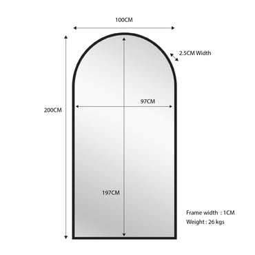 Arched mirror with black metal frame, marked size 100cm x 200cm