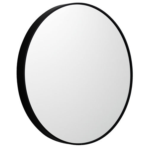 Black framed round metal mirror with flat reflective glass
