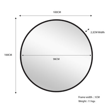 Black round metal mirror, 100 cm diameter with slim frame
