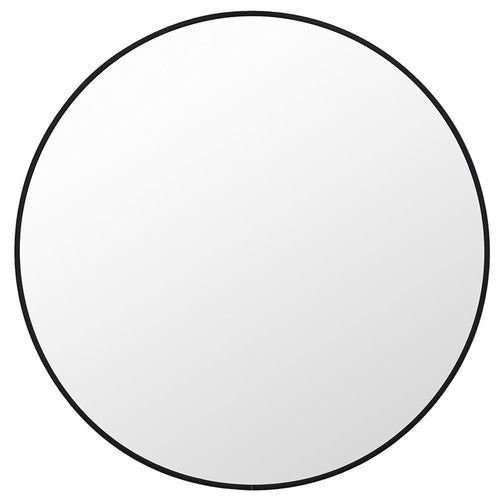Black round metal mirror with thin black rim and clear reflective surface