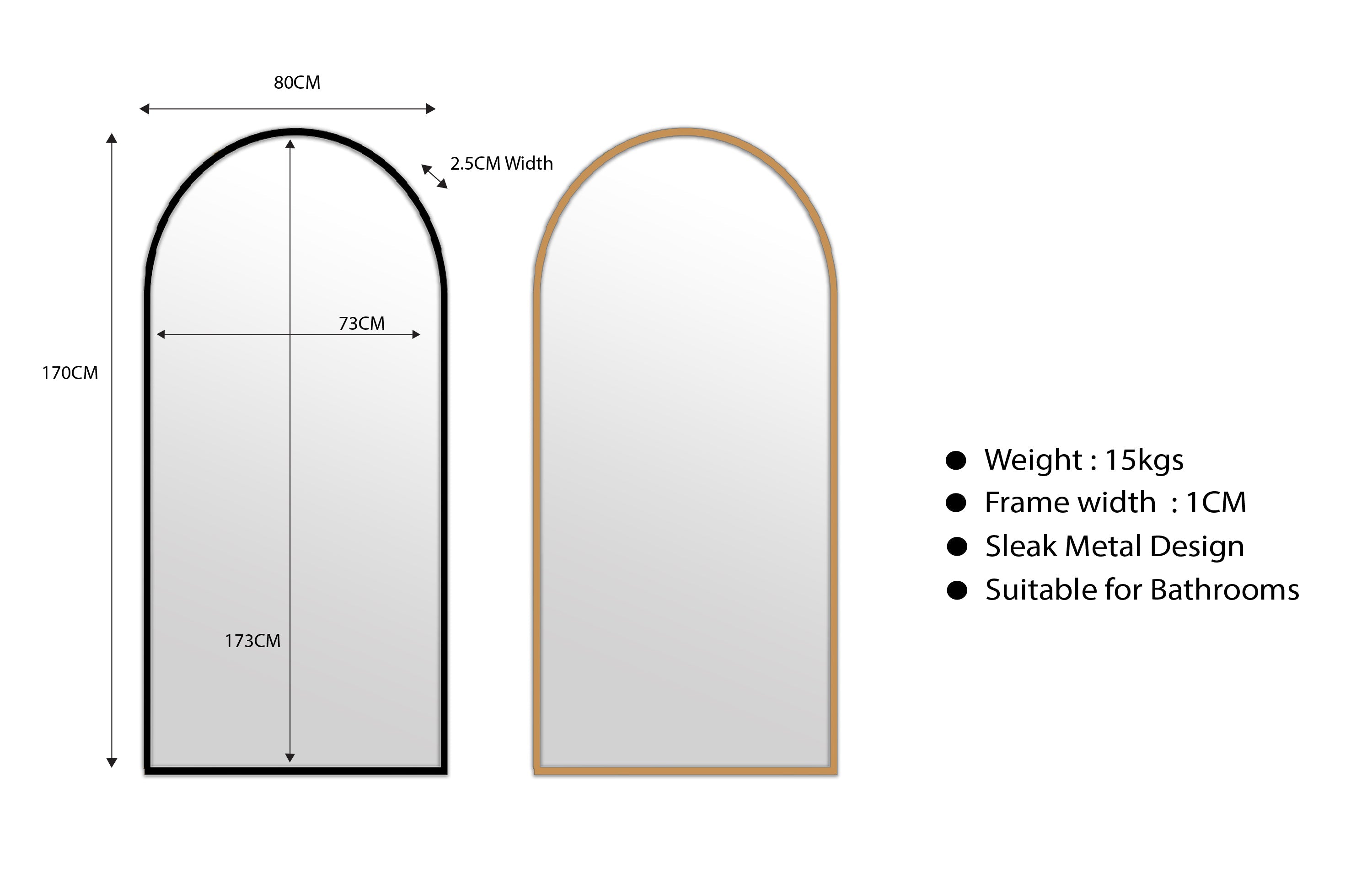 Black metal arched mirror with slim frame, 80cm x 170cm, tall wall mirror.