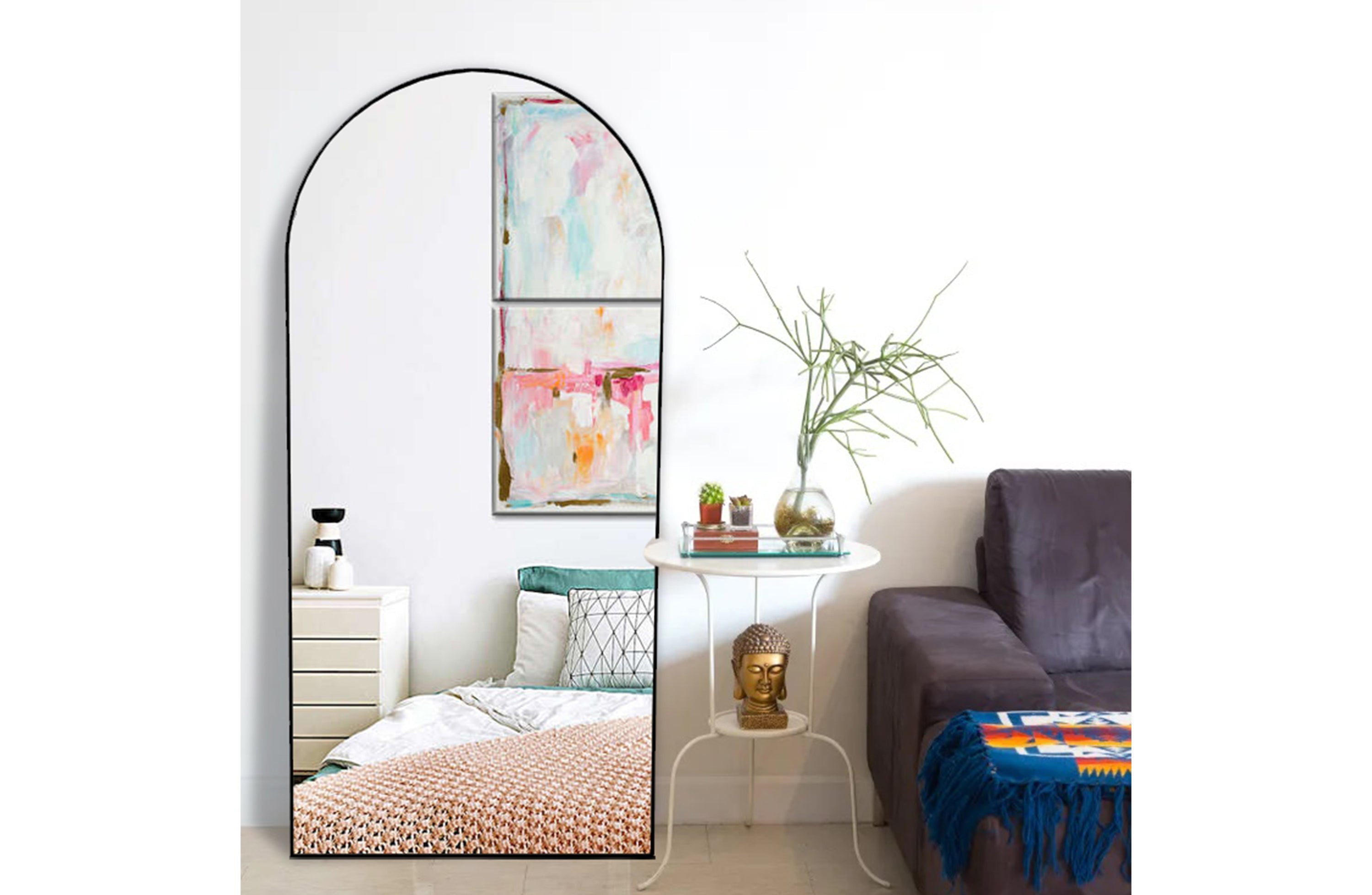 Tall arched black metal mirror with reflective glass panel for wall mounting.