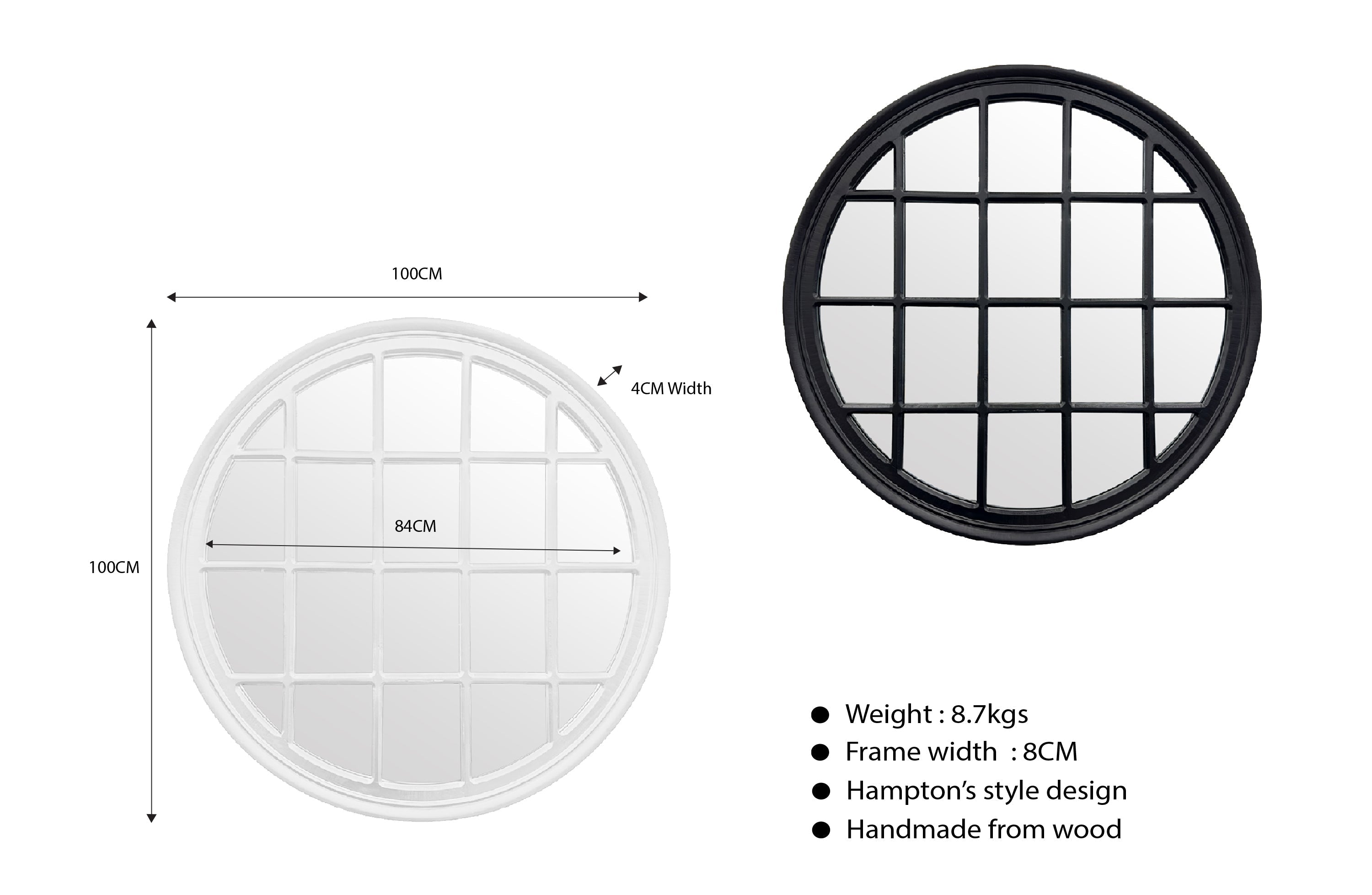 Round wall mirror with dark frame and window-style grid panes