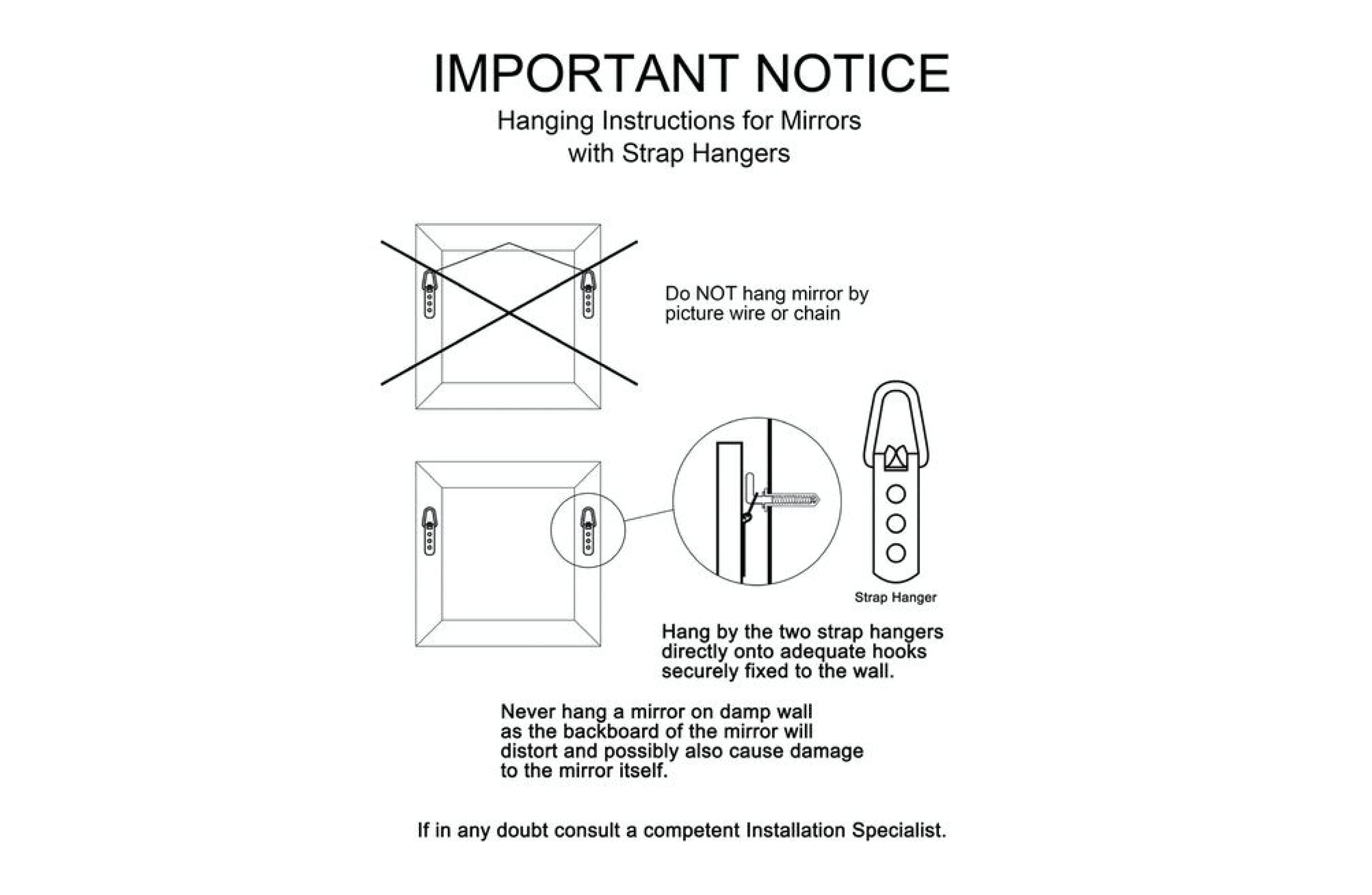 Round black-framed mirror with two hanger points mounting diagram