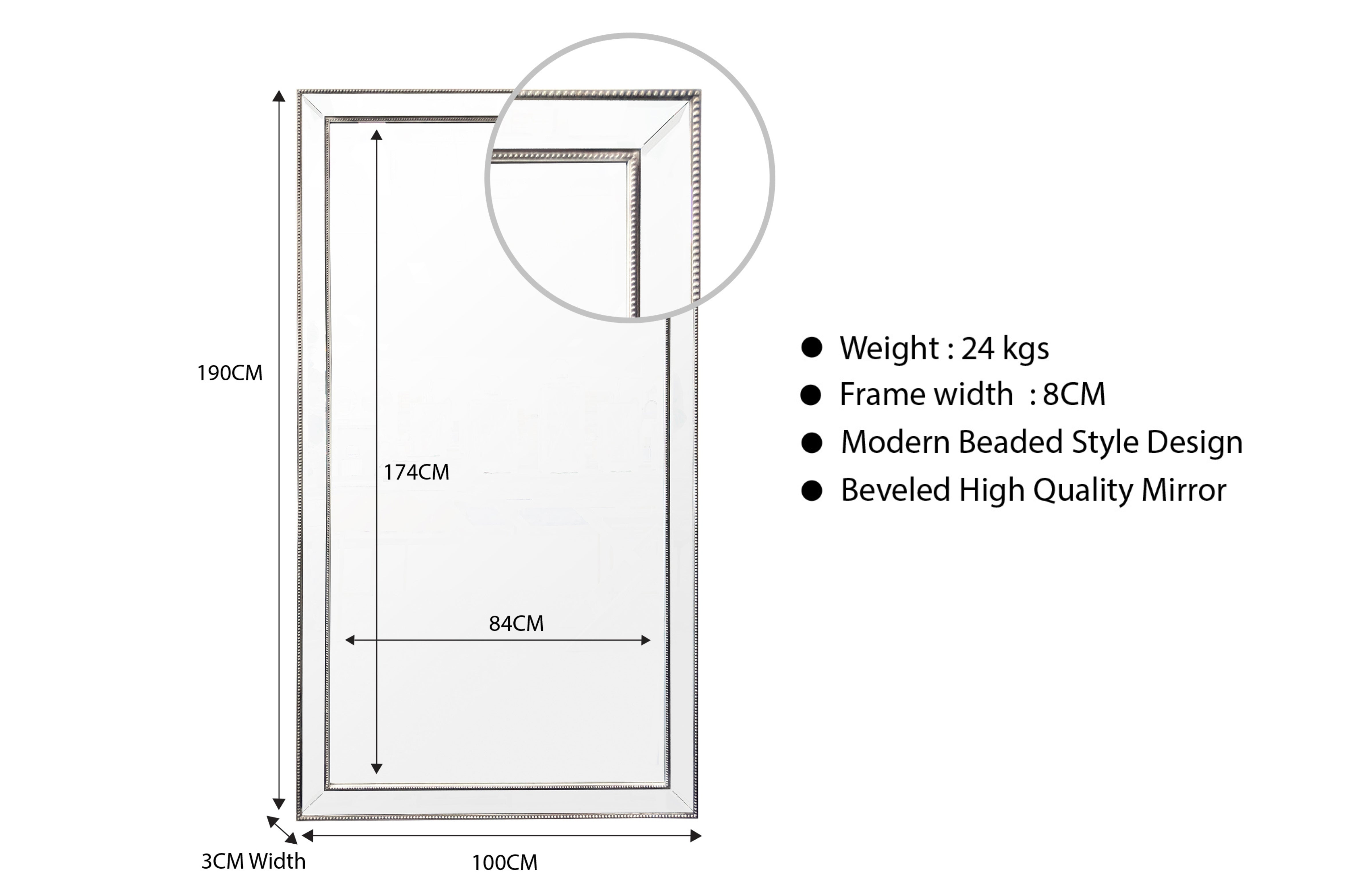 Gold beaded framed mirror size diagram with frame depth details
