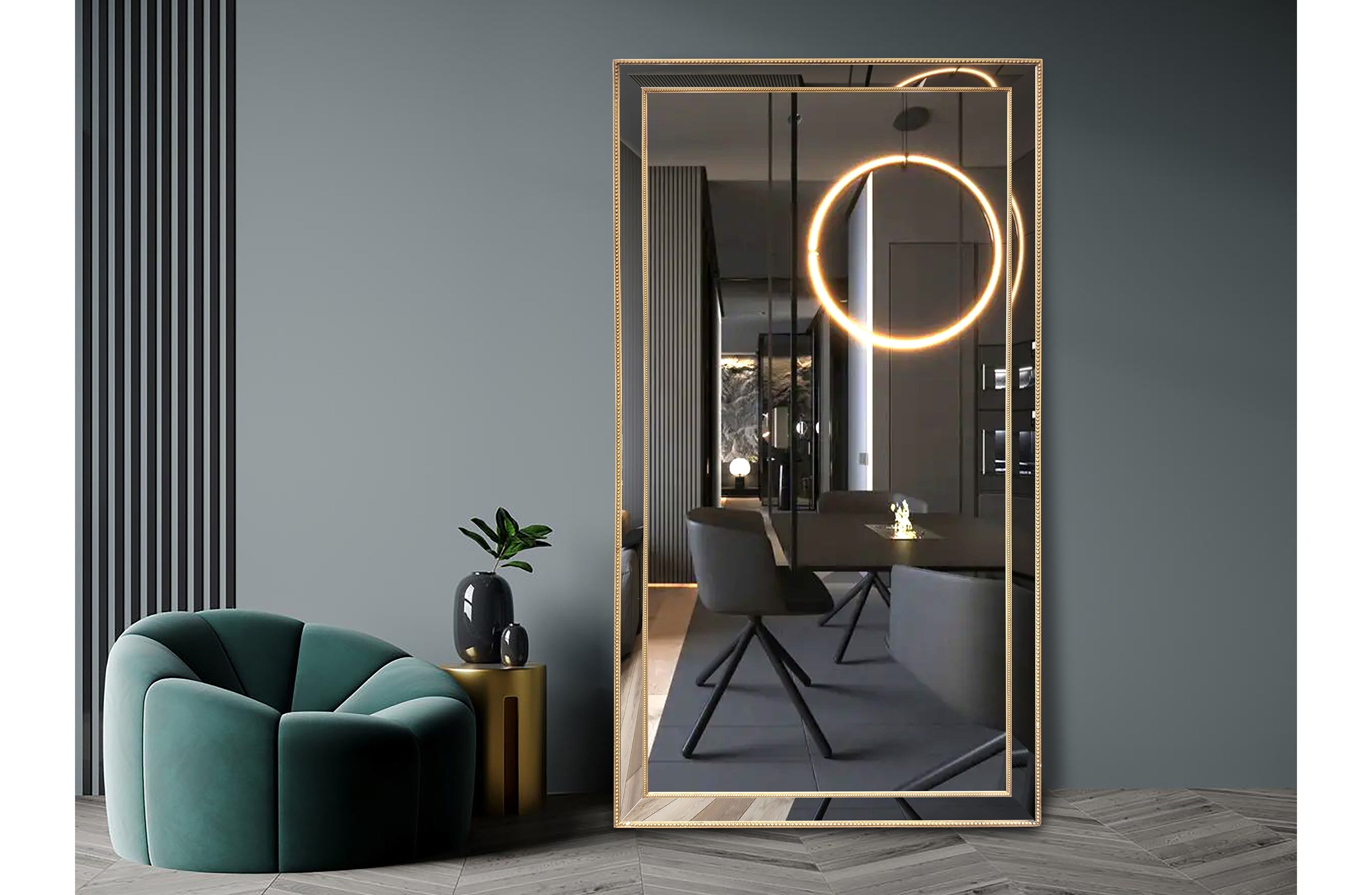 Gold beaded framed wall mirror with rectangular reflective surface