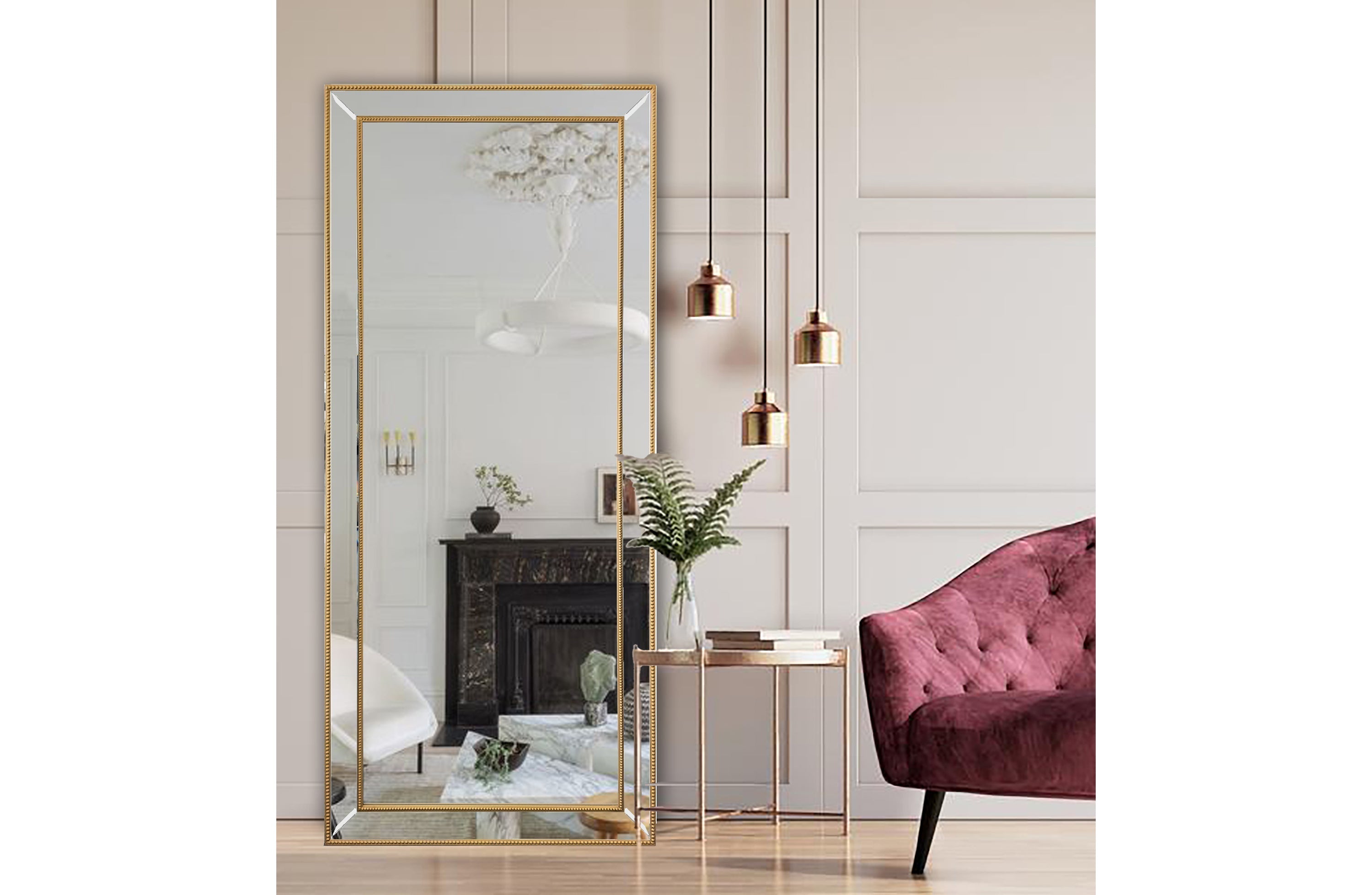 Rectangular gold beaded framed wall mirror with slim bevelled glass