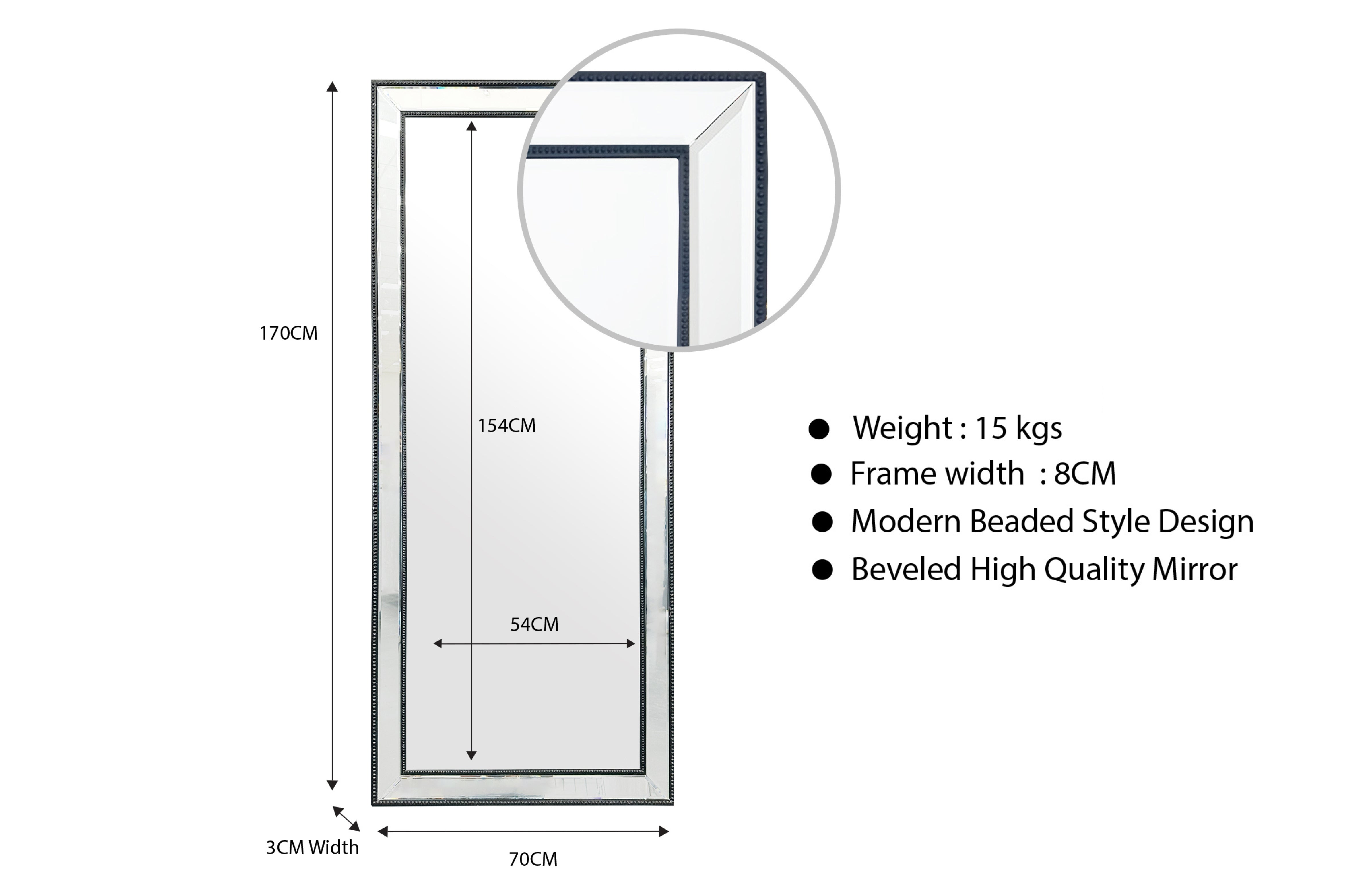 Rectangular gold framed mirror with beaded edge and shown height/width measurements