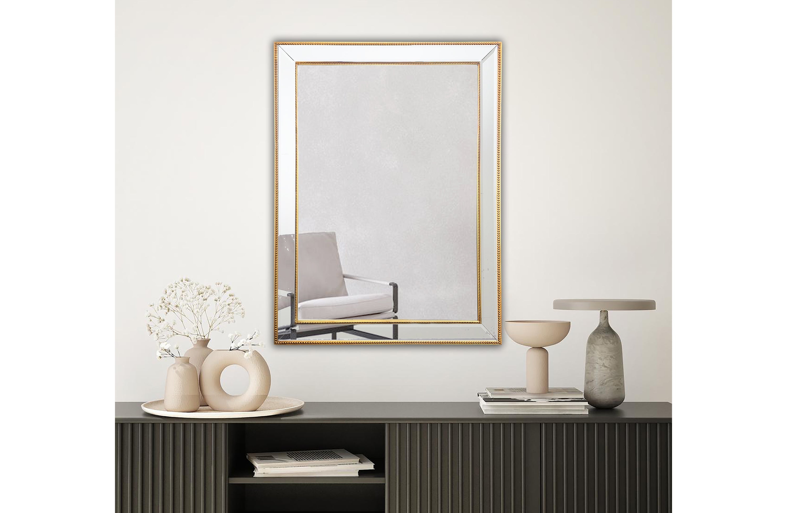 Rectangular wall mirror with gold beaded frame and clear glass